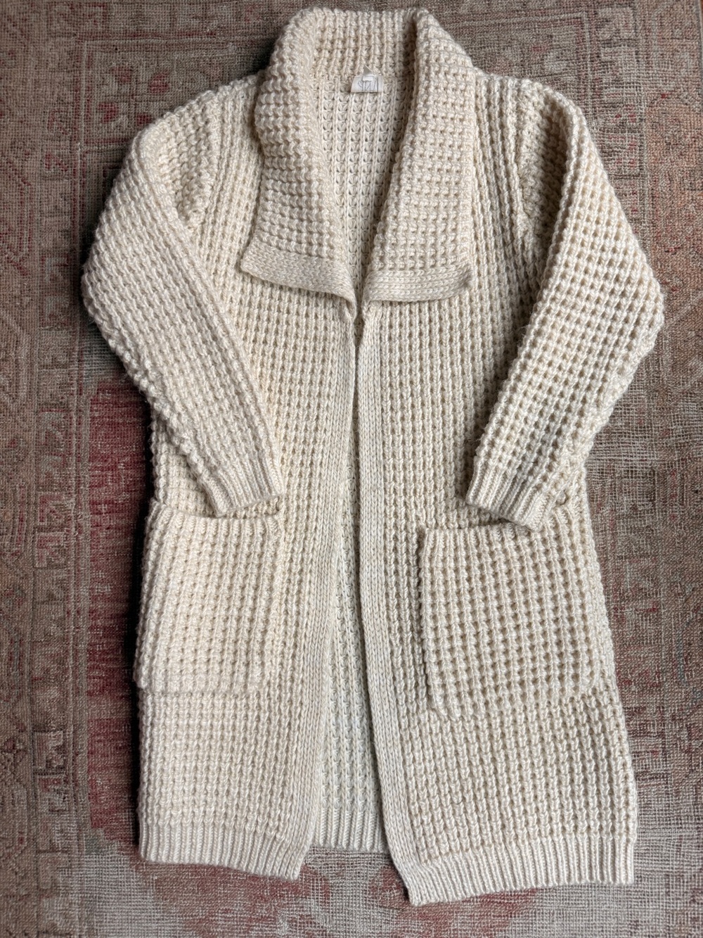 Cream Shawl-Collar Waffle Knit Open Cardigan